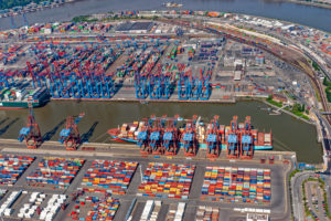 Container port, aerial view, Hamburg, Germany Container port, aerial view, Hamburg, Germany