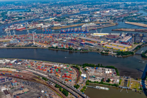 Container port, aerial view, Hamburg, Germany Container port, aerial view, Hamburg, Germany
