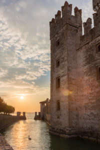 View to the Castello Scaligero after sunrise, Italy, Brescia, Lombardy, Lake Garda, Sirmione, sunrise View to the Castello Scaligero after sunrise, Italy, Brescia, Lombardy, Lake Garda, Sirmione, sunrise