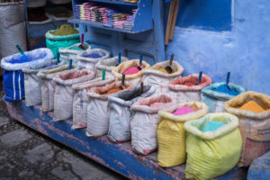 Moroccan natural colors at a sales booth in Chefchaouen, North Africa, Africa Moroccan natural colors at a sales booth in Chefchaouen, North Africa, Africa