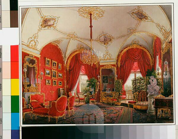 Magenta hot pink interior palace, luxury living room, digital illustration  Stock Illustration