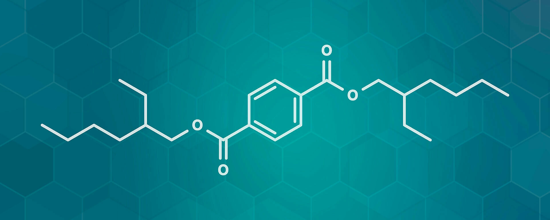 Bildagentur | mauritius images | Dioctyl terephthalate (DOTP, DEHT)  plasticizer molecule. Phthalate alternative, used in PVC plastics. White  skeletal formula on dark teal gradient background with hexagonal pattern.