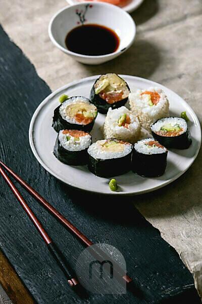 Sushi Roll Set Plate Soy Sauce Dark Wooden Background Stock Photo