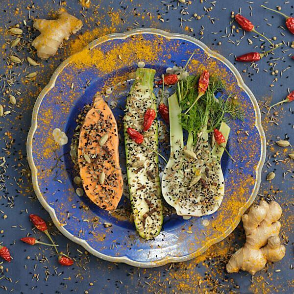 Spices and vegetables for a curry