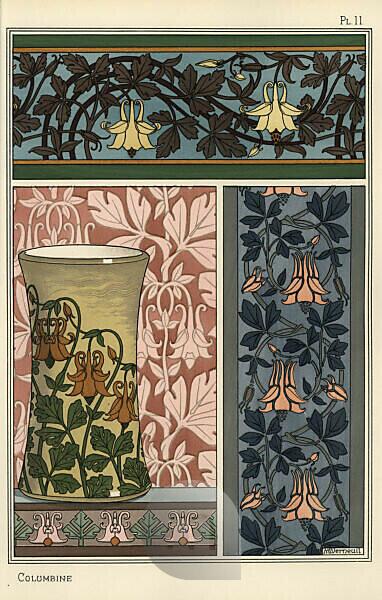 Lilac in art nouveau patterns for wallpaper, lace and stained glass.  Lithograph by E. Hervegh with pochoir (stencil) handcoloring from Eugene  Grasset's “Plants and their Application to Ornament,” Paris, 1897. Eugene  Grasset (