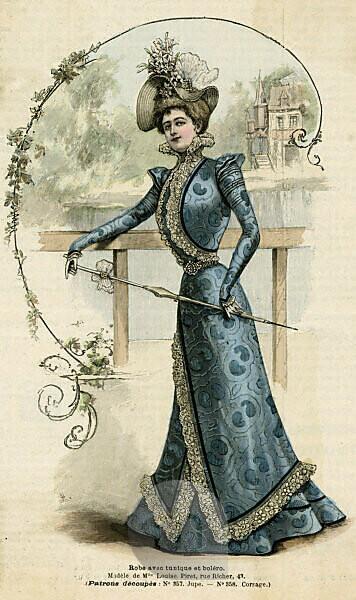 Bildagentur | mauritius images | Blue tunic dress: lace edge bolero with  epaulettes &, tight sleeves extending in points over the hands, wrap  over lace edged tunic, belt with paste buckle, hat