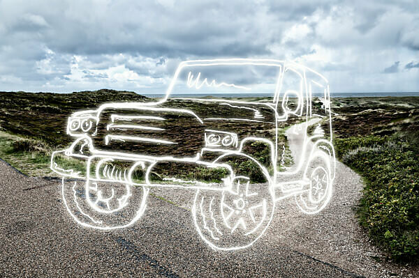 light drawing of a sport utility vehicle on a country road,