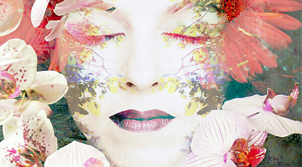 Photomontage, woman's face, branches, leaves, flowers, detail,