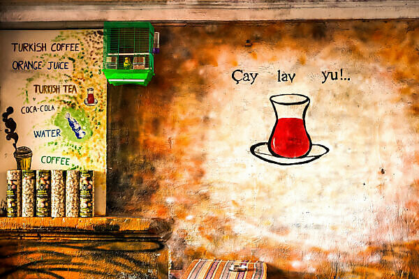 Bildagentur Mauritius Images Teahouse Turkish Tea Glass Painted On The Wall Budgerigar In The Cage Warm Colours