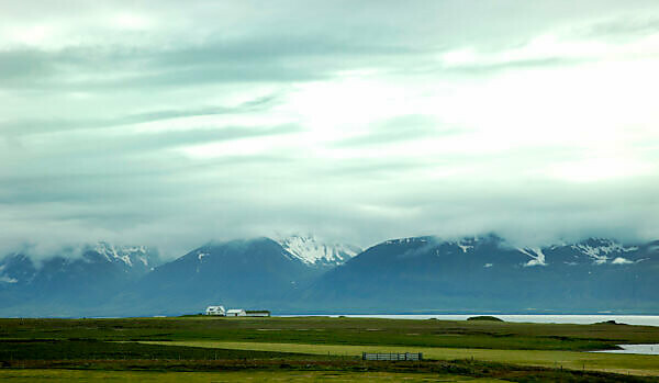 Mountains, house, water, Iceland, landscape