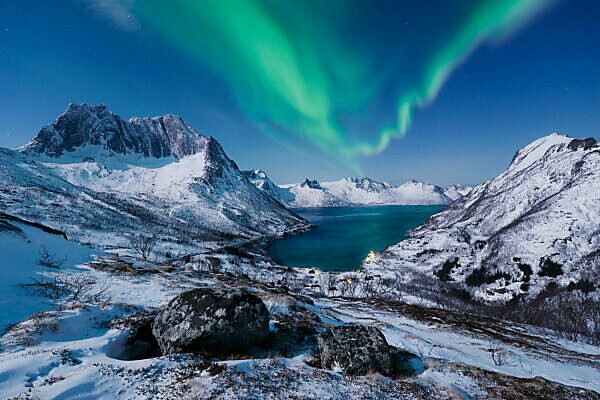 Norway, Senja, island, northern lights, aurora borealis, Aurora, Borealis, view, vastness, snow, winter, mountains, fjord, bay, summit, sky, stars, moon, night, blue, rocks, stones, heart, heavenly, mystical, scenery, ultimate, love