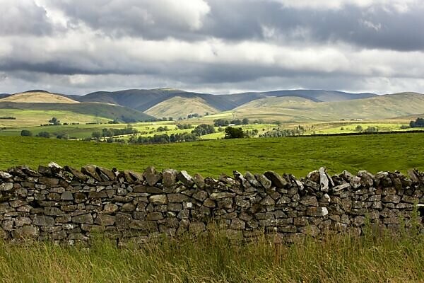 Bildagentur Mauritius Images England Landschaft Hugel Berge Pennines Grossbritannien Natur Weite Mittelgebirge Bergkette Wiesen Weiden Grun Wolken Wolkenhimmel Bewolkt Regnerisch Regenwetter Regenwolken Mauer Steinmauer