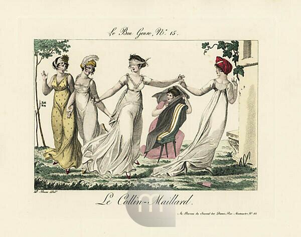 The four corners game of tag. Five merveilleuses in muslin dresses play the  game of four