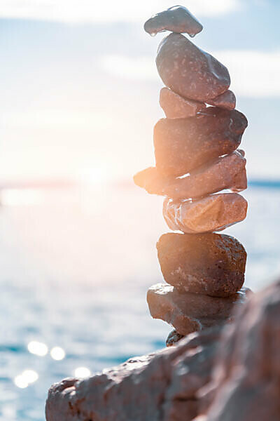 Stack of pebbles on the beach in Stara Baska, island of Krk, Kvarner Bay, Primorje-Gorski Kotar County, Croatia