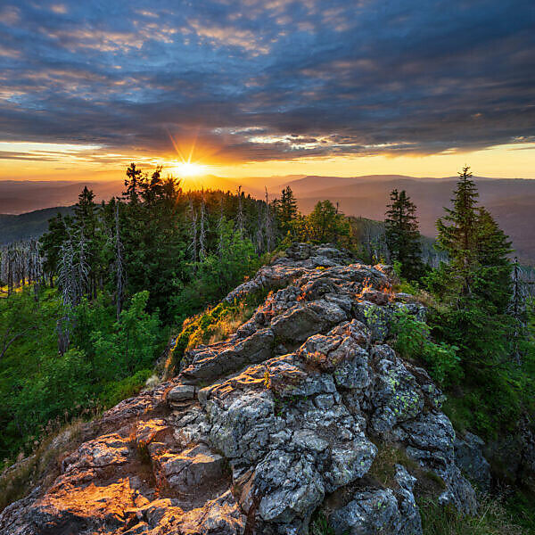 View from the summit of the Great Rachel, sunset, Bavarian Forest National Park, Bavaria, Germany